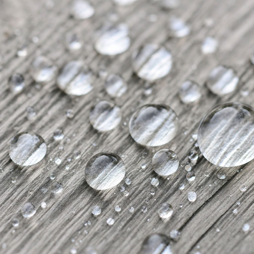 Wassertropfen perlen auf silbergrau gestrichenem Holz ab